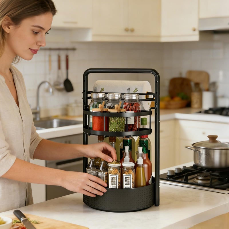 CLOKTA Rotating Spice Rack with Paper Towel Holder, 2 Tier Turntable Lazy Susan, Seasoning Organizer for Kitchen Countertop Cabinet, Black - Image 2