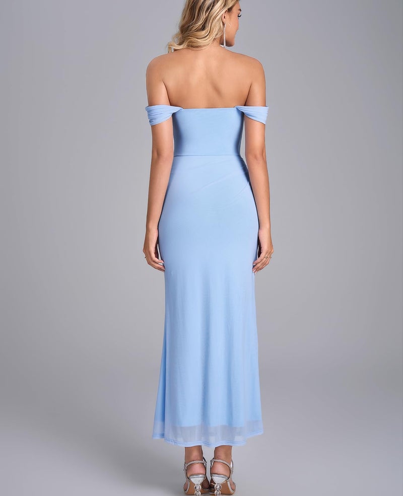 GLNEGE Womens Off the Shoulder Corset Formal Wedding Guest Maxi Dress Ruched Bodycon Long Cocktail Dresses Blue - Image 4