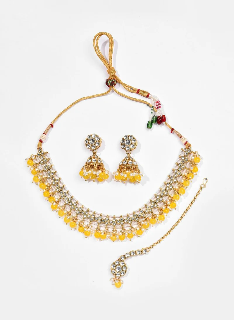 SOHI Gold Plated Designer Stone Beaded Necklace, Earrings and Maang Tikka Set