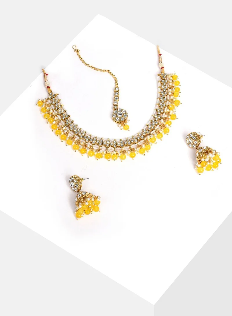 SOHI Gold Plated Designer Stone Beaded Necklace, Earrings and Maang Tikka Set