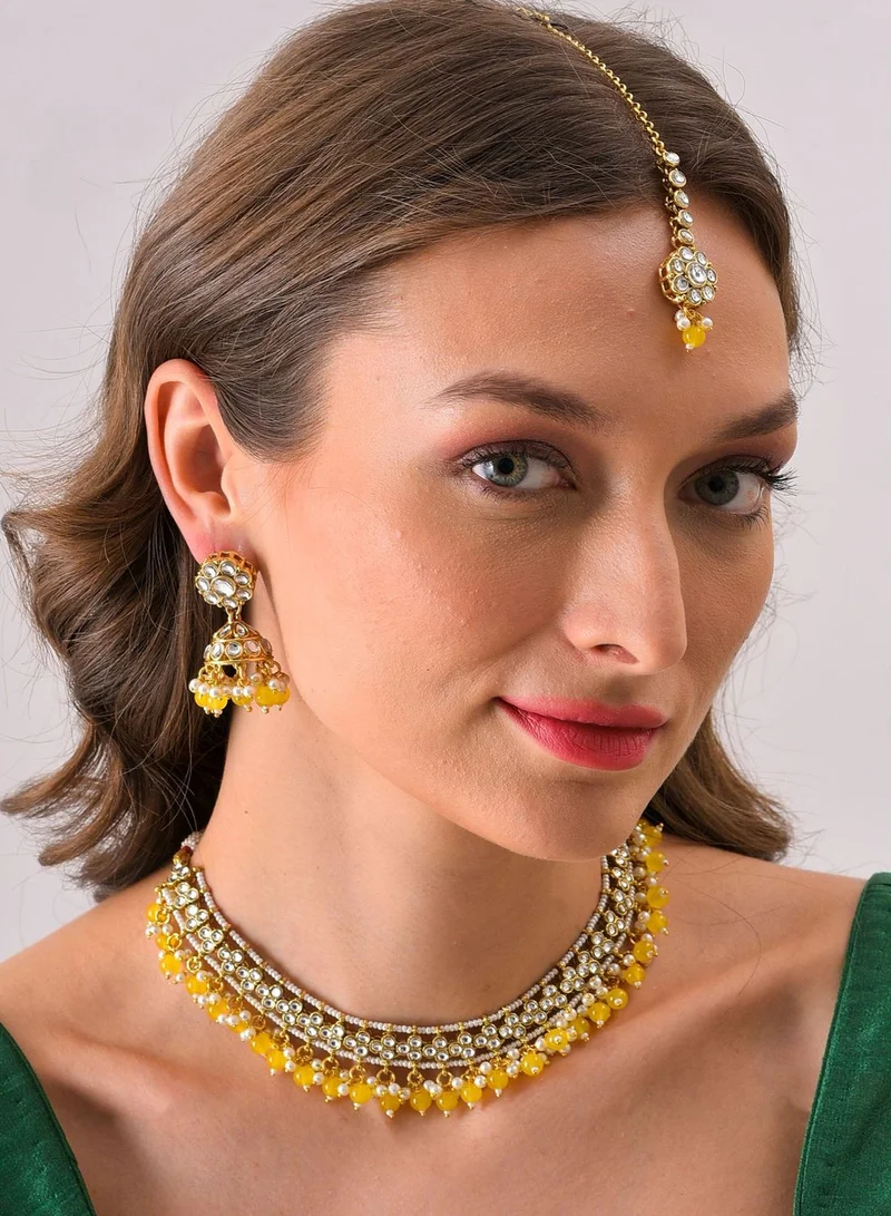 SOHI Gold Plated Designer Stone Beaded Necklace, Earrings and Maang Tikka Set