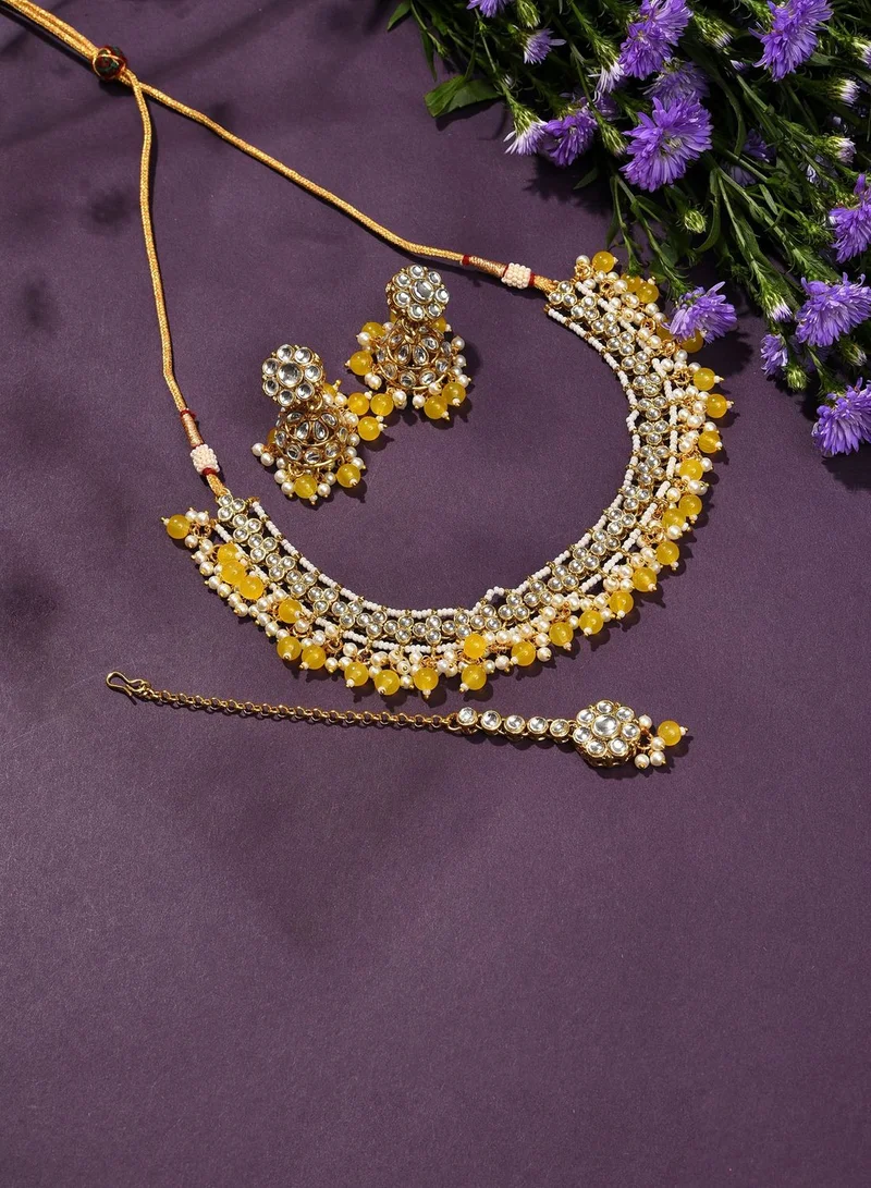 SOHI Gold Plated Designer Stone Beaded Necklace, Earrings and Maang Tikka Set