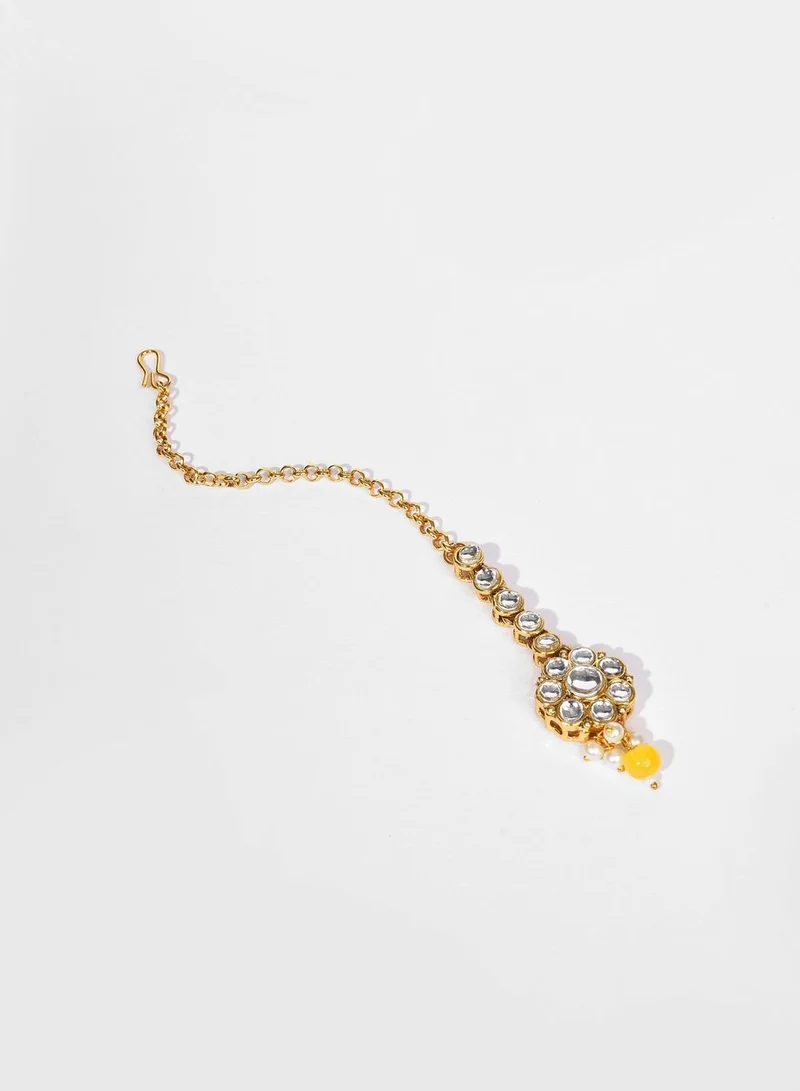 SOHI Gold Plated Designer Stone Beaded Necklace, Earrings and Maang Tikka Set