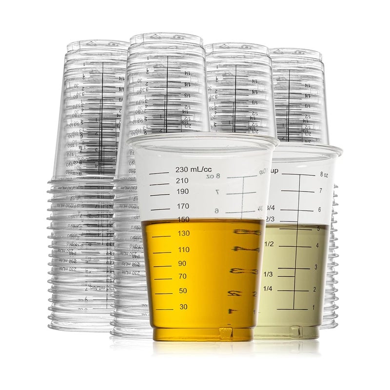 Prestee 50 Disposable Measuring Cups 8 oz - Plastic Paint Measuring Cups and Disposable Mixing Cups for Epoxy Resin - Versatile, Clear Measurement for Wet and Dry Ingredients for Baking and Crafting - Image 1