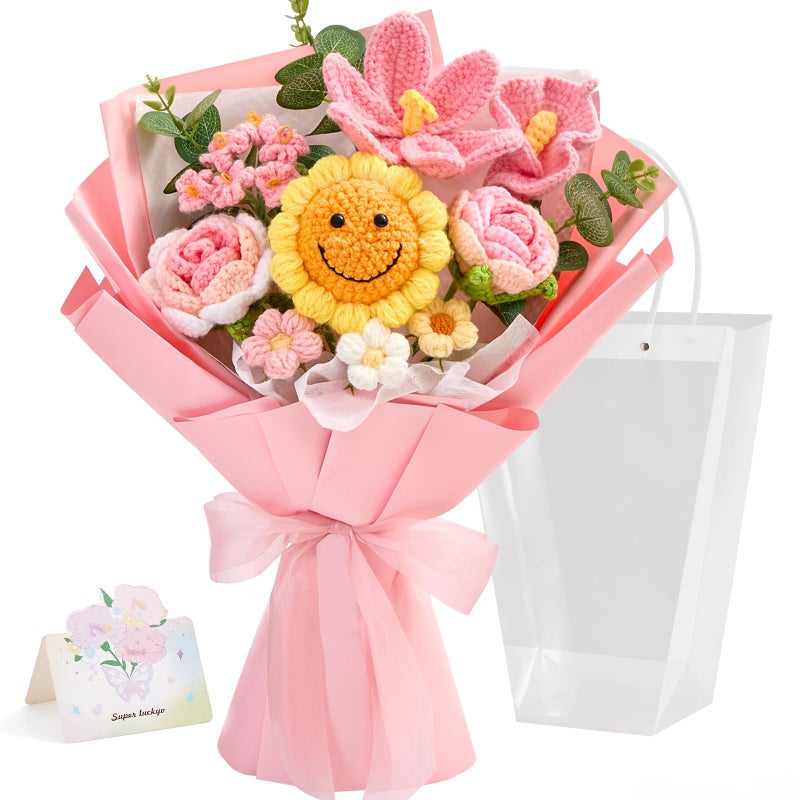 Faylifeway Crochet Flower Bouquet, Artificial Smile Sunflowers Bouquet for Women Children, Handmade Knitted Flowers for Birthday, Anniversary,Homecoming Gifts（Pink) - Image 1