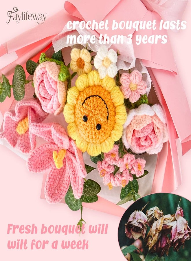 Faylifeway Crochet Flower Bouquet, Artificial Smile Sunflowers Bouquet for Women Children, Handmade Knitted Flowers for Birthday, Anniversary,Homecoming Gifts（Pink) - Image 3