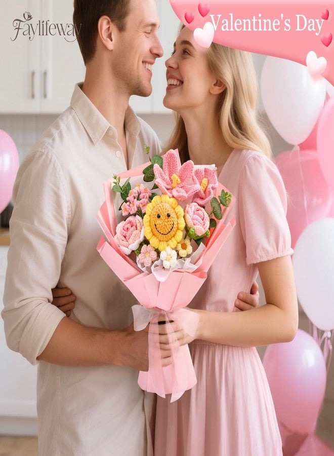 Faylifeway Crochet Flower Bouquet, Artificial Smile Sunflowers Bouquet for Women Children, Handmade Knitted Flowers for Birthday, Anniversary,Homecoming Gifts（Pink) - Image 2