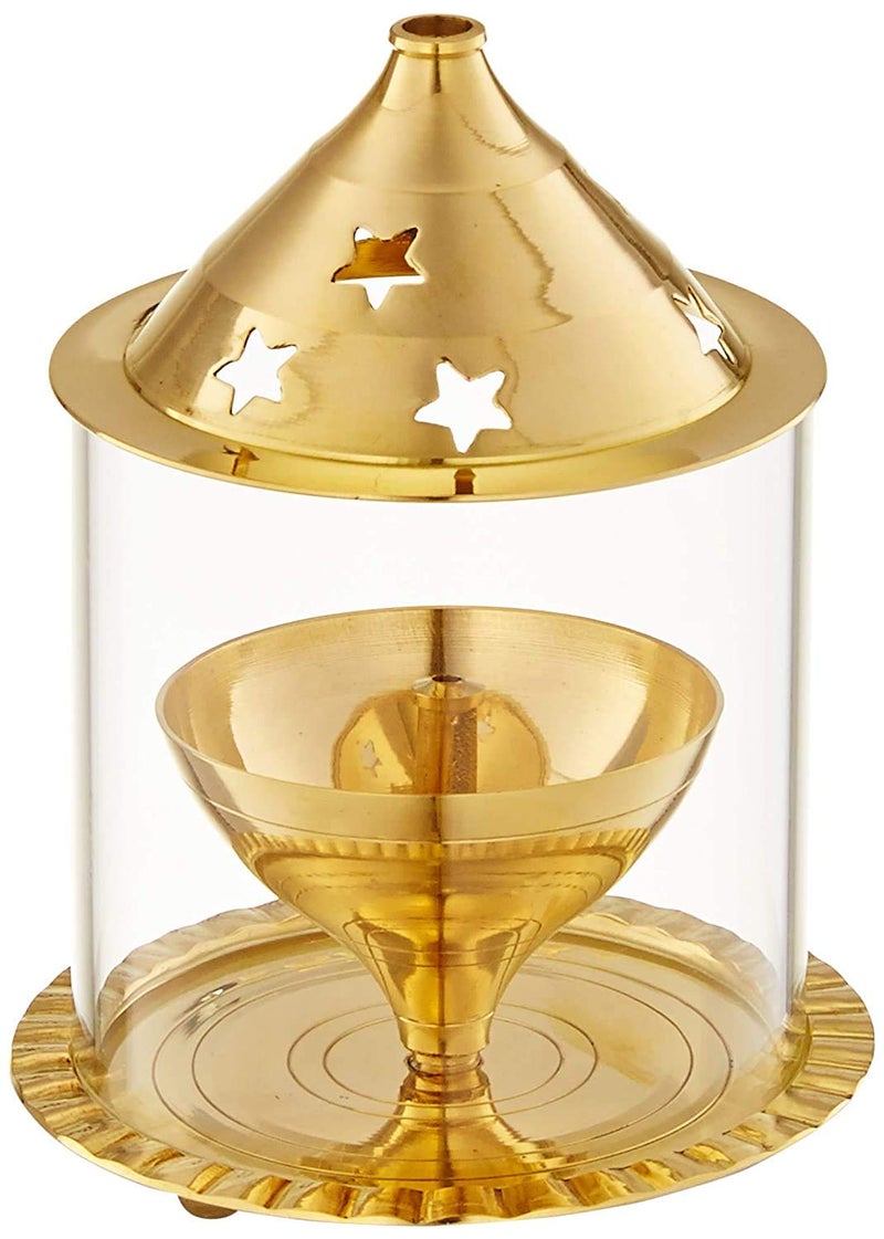 DAZVI Akhand Diya Decorative Brass Glass Oil LampTea Light Holder Lantern for Durga Pooja DiwaliCylinderical Shaped Large - Image 1