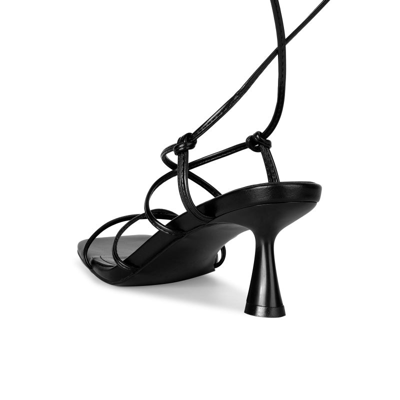 ISNOM Black Strappy Kitten Heels for Women - Lace Up Stiletto Sandals, Comfortable Tie Up Dressy Wrap Around Summer Heeled With Square Toe - Image 5