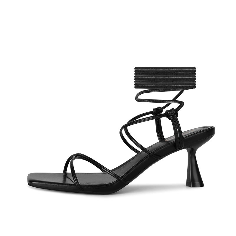 ISNOM Black Strappy Kitten Heels for Women - Lace Up Stiletto Sandals, Comfortable Tie Up Dressy Wrap Around Summer Heeled With Square Toe - Image 4