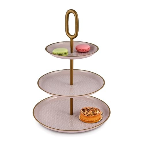 Elan Wicker Embossed Knob 3 Tier Round Mild Steel Cupcake Stand Multipurpose Serving Dessert Platter Wedding birthday for Party (Petal Pink) - Image 5