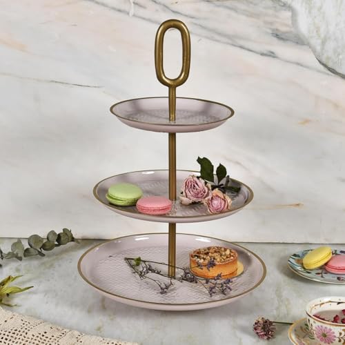 Elan Wicker Embossed Knob 3 Tier Round Mild Steel Cupcake Stand Multipurpose Serving Dessert Platter Wedding birthday for Party (Petal Pink) - Image 1