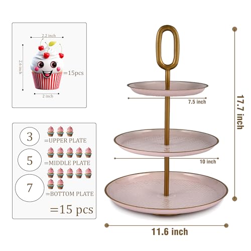 Elan Wicker Embossed Knob 3 Tier Round Mild Steel Cupcake Stand Multipurpose Serving Dessert Platter Wedding birthday for Party (Petal Pink) - Image 2