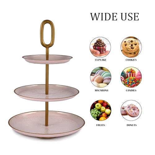 Elan Wicker Embossed Knob 3 Tier Round Mild Steel Cupcake Stand Multipurpose Serving Dessert Platter Wedding birthday for Party (Petal Pink) - Image 3
