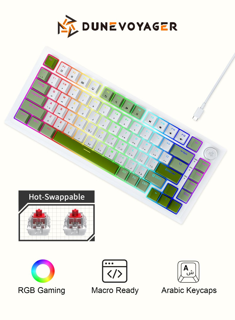 DuneVoyager 82 Keys Red Switch Mechanical Gaming Keyboard with Arabic Keycaps, 75% Gasket Design, Hot-Swappable, RGB Backlit 16.8 Million Colors, Knob Control, Software Support, Removable USB Cable, 950g, Full-Key Anti-Ghosting, Silent Keys – Compatible with PC, PS5, PS4, Xbox, Mac – Ideal for FPS & Fortnite Players - Image 1