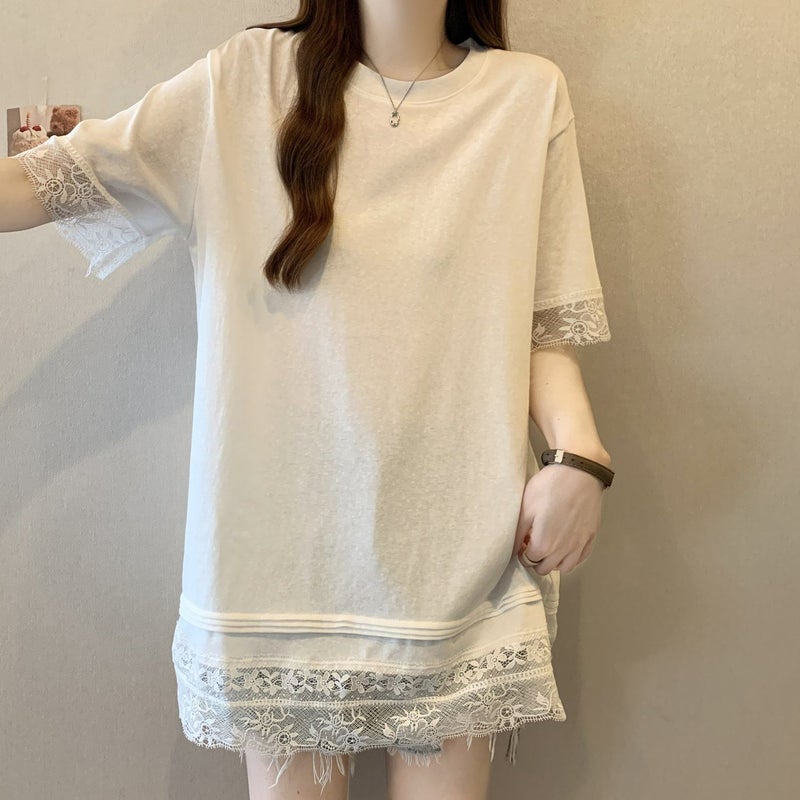 Sweet Lace Splicing Right Shoulder Top T-Shirt For Women In Large Size Loose And Stylish Slimming Look Bottoming Shirt - Image 1