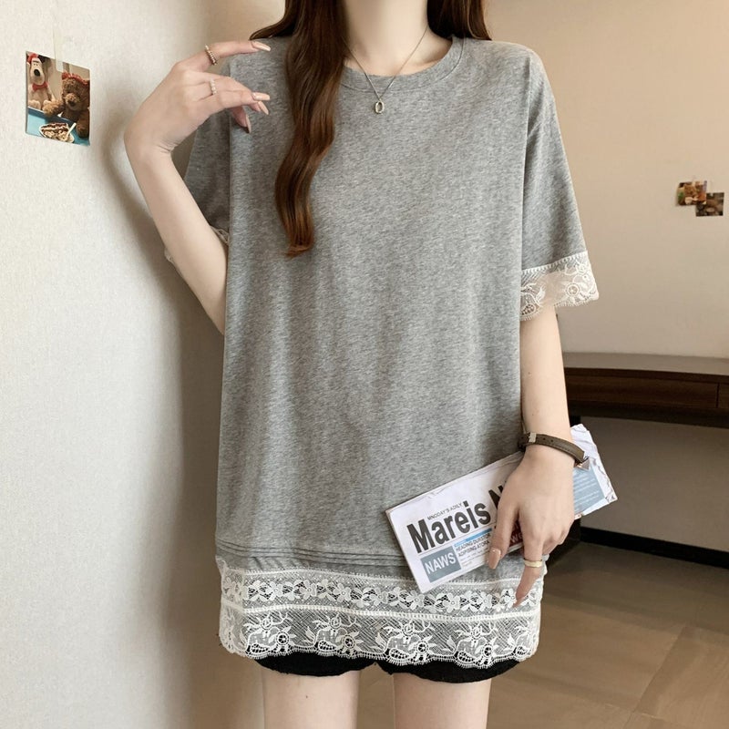 Sweet Lace Splicing Right Shoulder Top T-Shirt For Women In Large Size Loose And Stylish Slimming Look Bottoming Shirt - Image 3