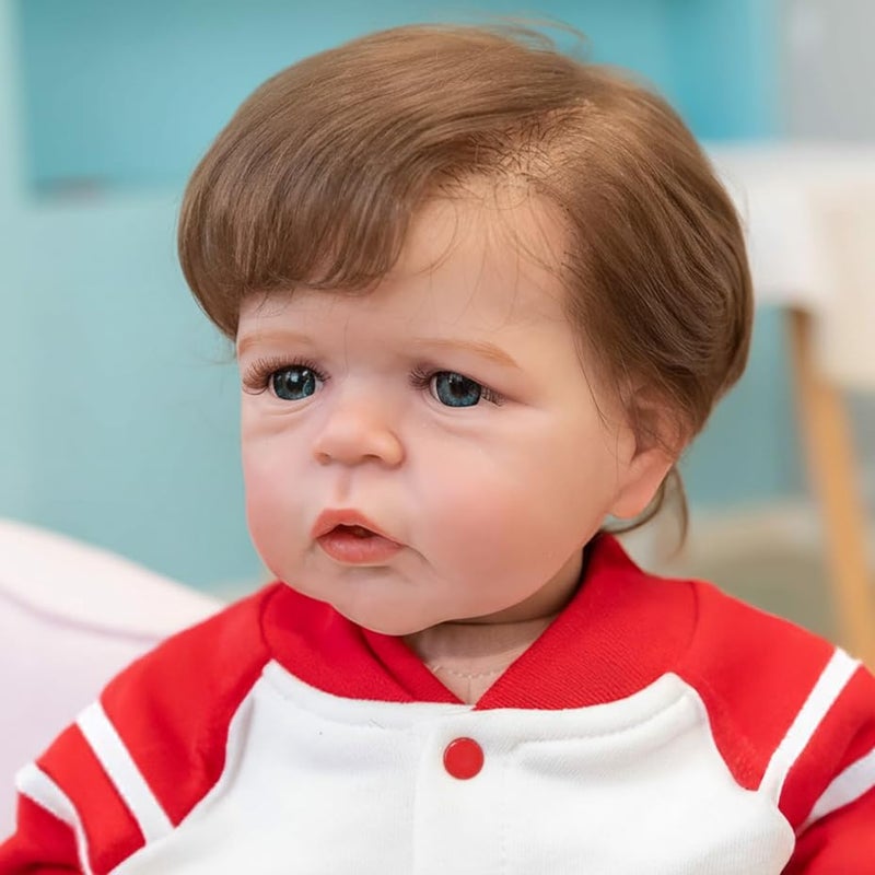 iCradle Toddler Reborn Doll Boy 24 Inch Reborn Baby Doll Silicone Baby Dolls Brown Hair with Blue Eyes Weighted Handmade Doll Toys for Children Gifts - Image 4