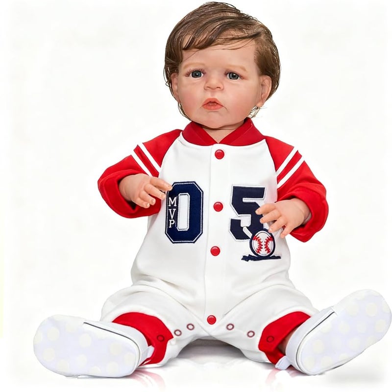 iCradle Toddler Reborn Doll Boy 24 Inch Reborn Baby Doll Silicone Baby Dolls Brown Hair with Blue Eyes Weighted Handmade Doll Toys for Children Gifts - Image 3