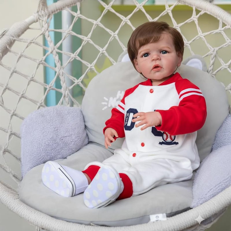 iCradle Toddler Reborn Doll Boy 24 Inch Reborn Baby Doll Silicone Baby Dolls Brown Hair with Blue Eyes Weighted Handmade Doll Toys for Children Gifts - Image 2