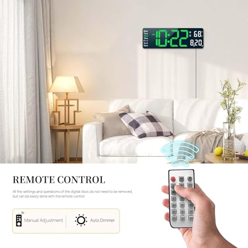 ELEXIQ Large-Digital-Wall-Clock Large Display with Remote Control, Automatic Brightness Alarm Clock with Temperature, Date, Week for Living Room Office Decor (16" Rectangle Green+White) - Image 3