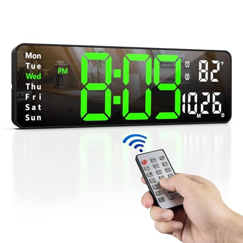 ELEXIQ Large-Digital-Wall-Clock Large Display with Remote Control, Automatic Brightness Alarm Clock with Temperature, Date, Week for Living Room Office Decor (16" Rectangle Green+White) - Image 5