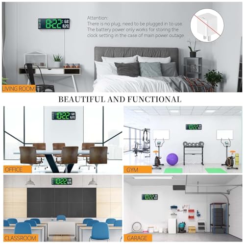 ELEXIQ Large-Digital-Wall-Clock Large Display with Remote Control, Automatic Brightness Alarm Clock with Temperature, Date, Week for Living Room Office Decor (16" Rectangle Green+White) - Image 4