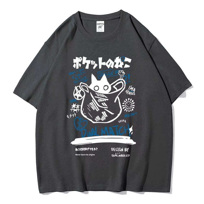 Unisex 2024 Harajuku Kawakami Cat Printed Short-Sleeved T-Shirt Couples Street Casual Loose Clothes Y2K Top - Image 1