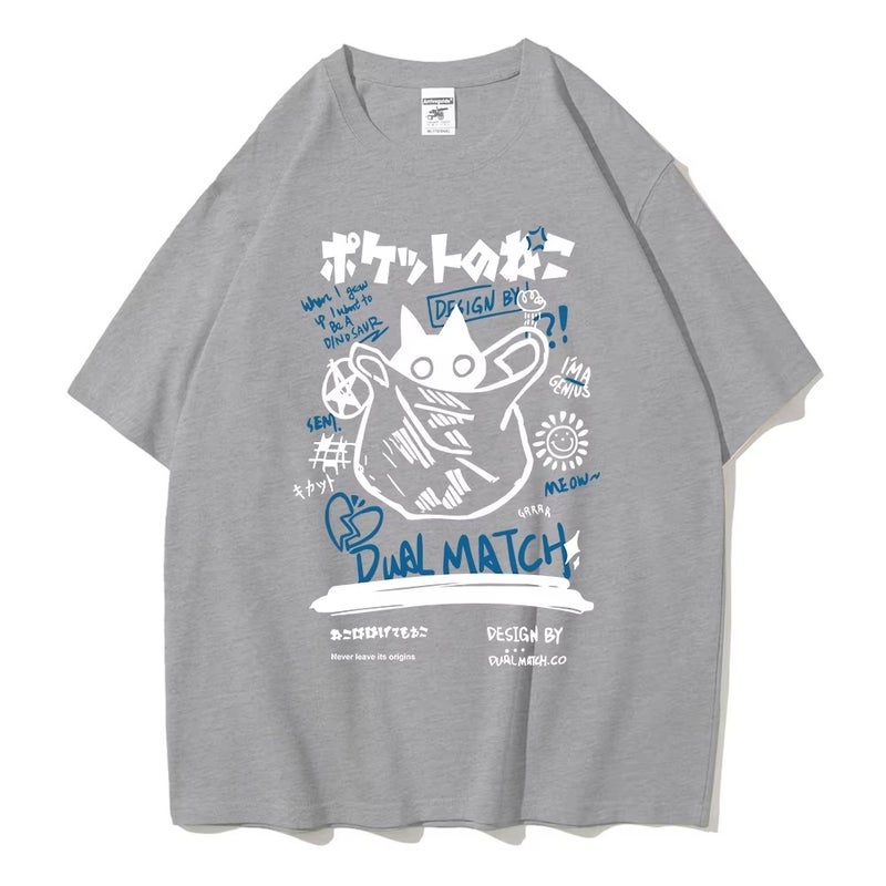 Unisex 2024 Harajuku Kawakami Cat Printed Short-Sleeved T-Shirt Couples Street Casual Loose Clothes Y2K Top - Image 3