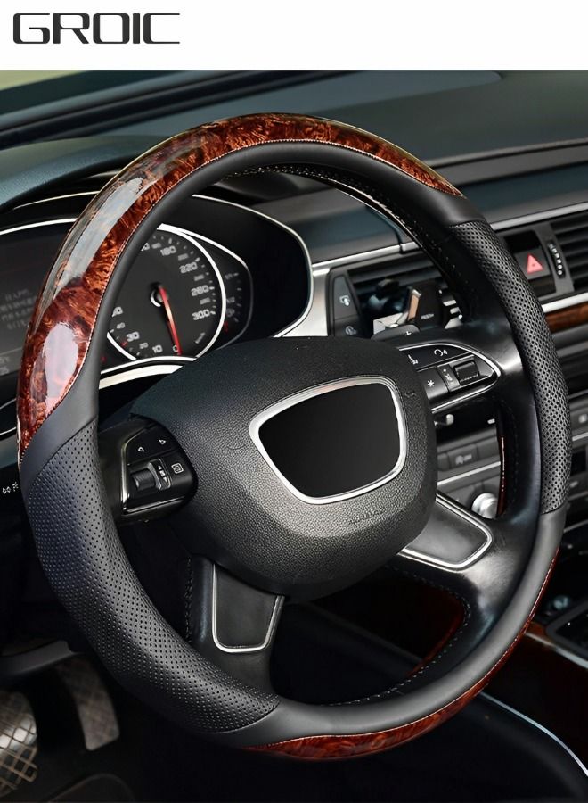 Wood Grain Steering Wheel Cover,Universal 38cm Steering Wheel Cover Microfiber Leather Viscose, Breathable, Anti-Slip,Car Interior,Automobile Decoration Accessories