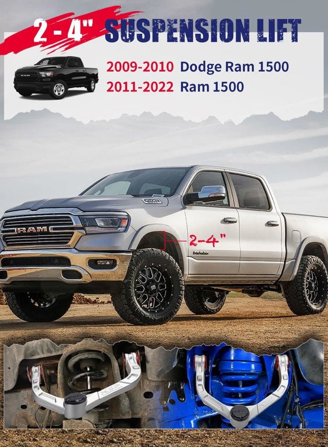 KSP PERFORMANCE ذراع تحكم علوي مطروق مقاس 2-4" لرام 1500، ذراع تحكم أمامي قابل للتعديل من الألمنيوم يناسب دودج رام 1500 2009-2022، 2 قطعة تصميم قطعة واحدة فضي بعد السوق مع وصلة كروية قابلة للتشحيم - Image 2