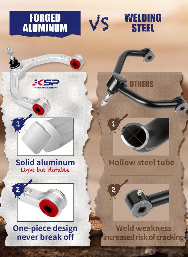KSP PERFORMANCE ذراع تحكم علوي مطروق مقاس 2-4" لرام 1500، ذراع تحكم أمامي قابل للتعديل من الألمنيوم يناسب دودج رام 1500 2009-2022، 2 قطعة تصميم قطعة واحدة فضي بعد السوق مع وصلة كروية قابلة للتشحيم - Image 4