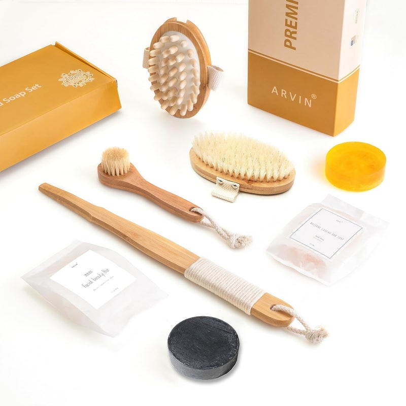 arVin All Natural Soap and Dry Brushing Body Brush Gift Set for Lymphatic Drainage Boar Bristle Exfoliating Shower Brush Facial Cleansing Brush Massager Brush Cellulite Face Beauty Bar Loofah Soap