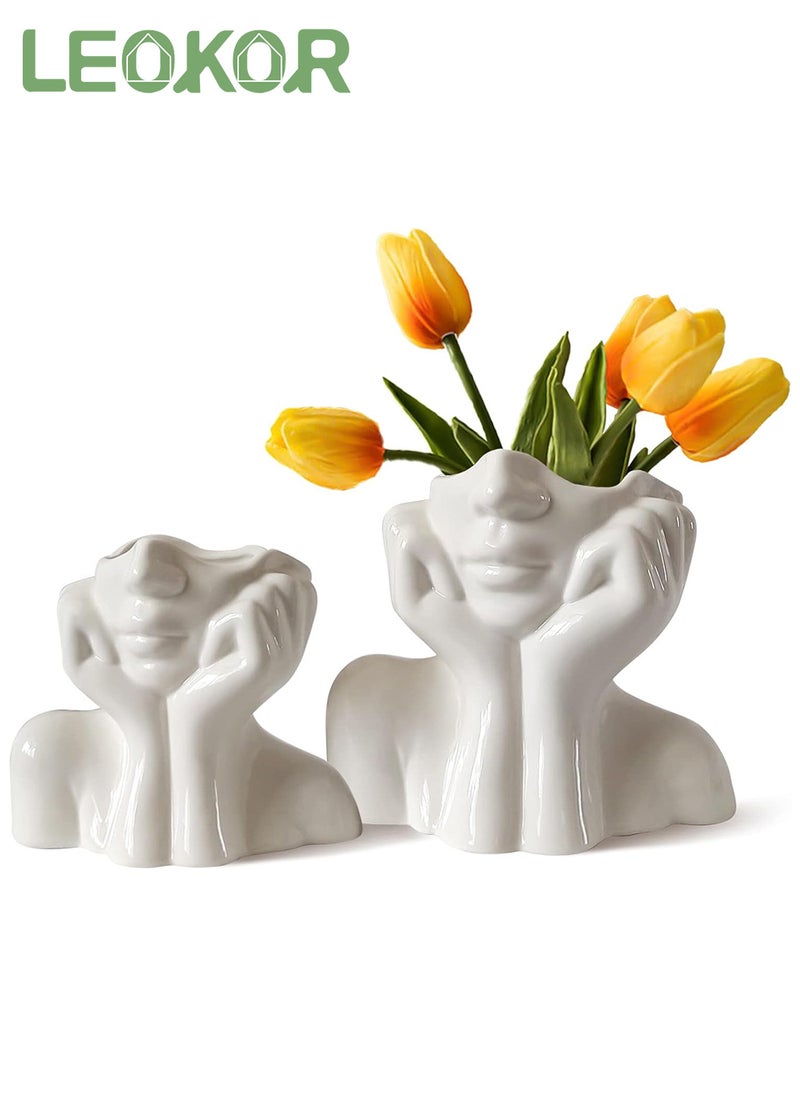 LEOKOR White Ceramic Face Vase Cute Head Vase Nordic Style Modern Vases for Office Dining Table Home Decor Vases  - Image 1