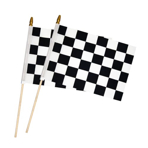 Uelfbaby 2 Pcs 8×12 inch Checkered Flag, Black and White Racing Flag on Wood Stick - Hand Held Stick with Kid-Safe Spear Top, Children's Party Decoration - Image 1