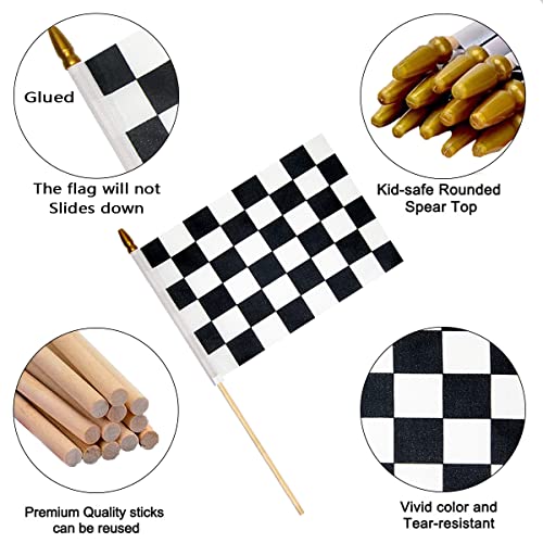 Uelfbaby 2 Pcs 8×12 inch Checkered Flag, Black and White Racing Flag on Wood Stick - Hand Held Stick with Kid-Safe Spear Top, Children's Party Decoration - Image 2