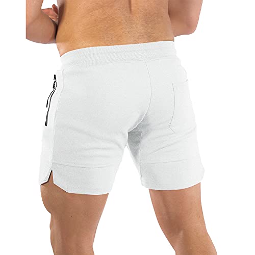 PIDOGYM Men's 5" Gym Workout Shorts,Fitted Jogging Short Pants for Bodybuilding Running Training with Zipper Pockets White - Image 3