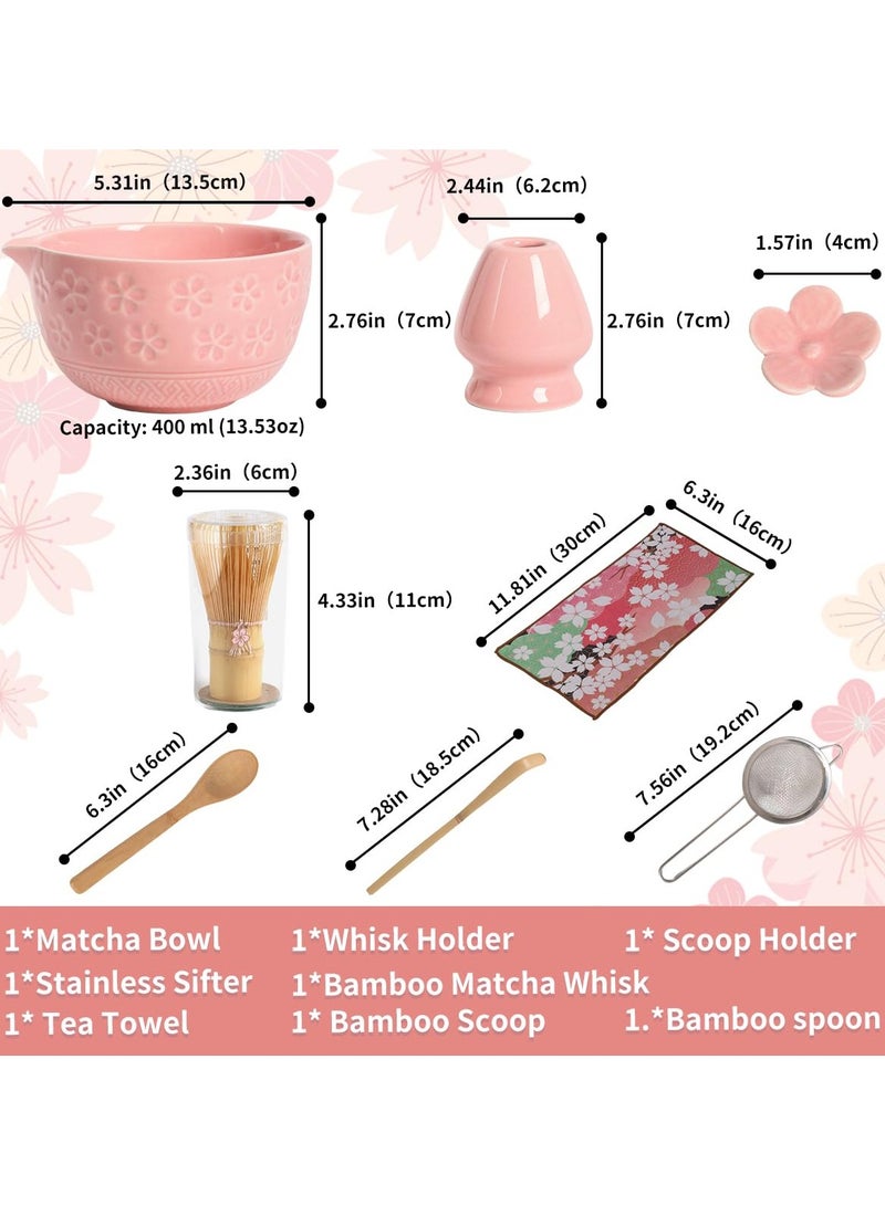 فلاي رود طقم شاي ماتشا مكون من 8 قطع - طقم شاي مع وعاء زهور الكرز، خفاقة من الخيزران، مغارف خشبية، قماش شاي، وغطاء زهور - علبة هدايا وردية اللون (زهري) - Image 2