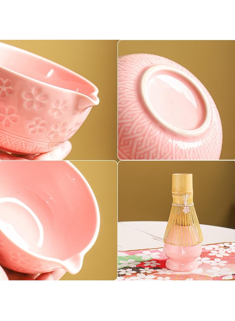 فلاي رود طقم شاي ماتشا مكون من 8 قطع - طقم شاي مع وعاء زهور الكرز، خفاقة من الخيزران، مغارف خشبية، قماش شاي، وغطاء زهور - علبة هدايا وردية اللون (زهري) - Image 5