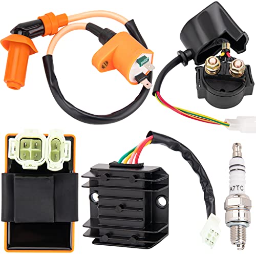 GDDGHS GY6 150cc Ignition Coil Kit for 150cc 125cc 50cc ATV Quad Go Kart Moped Scooter, High performance GY6 Ignition Coil, 6 Pin AC CDI Box, Voltage Regulator, Rectifier Solenoid relay&A7TC Spark Plug - Image 1