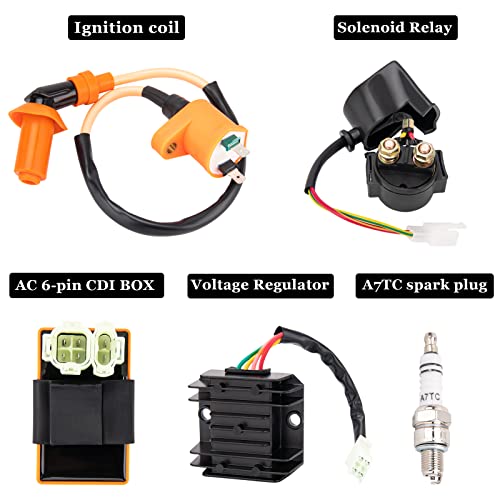 GDDGHS GY6 150cc Ignition Coil Kit for 150cc 125cc 50cc ATV Quad Go Kart Moped Scooter, High performance GY6 Ignition Coil, 6 Pin AC CDI Box, Voltage Regulator, Rectifier Solenoid relay&A7TC Spark Plug - Image 2