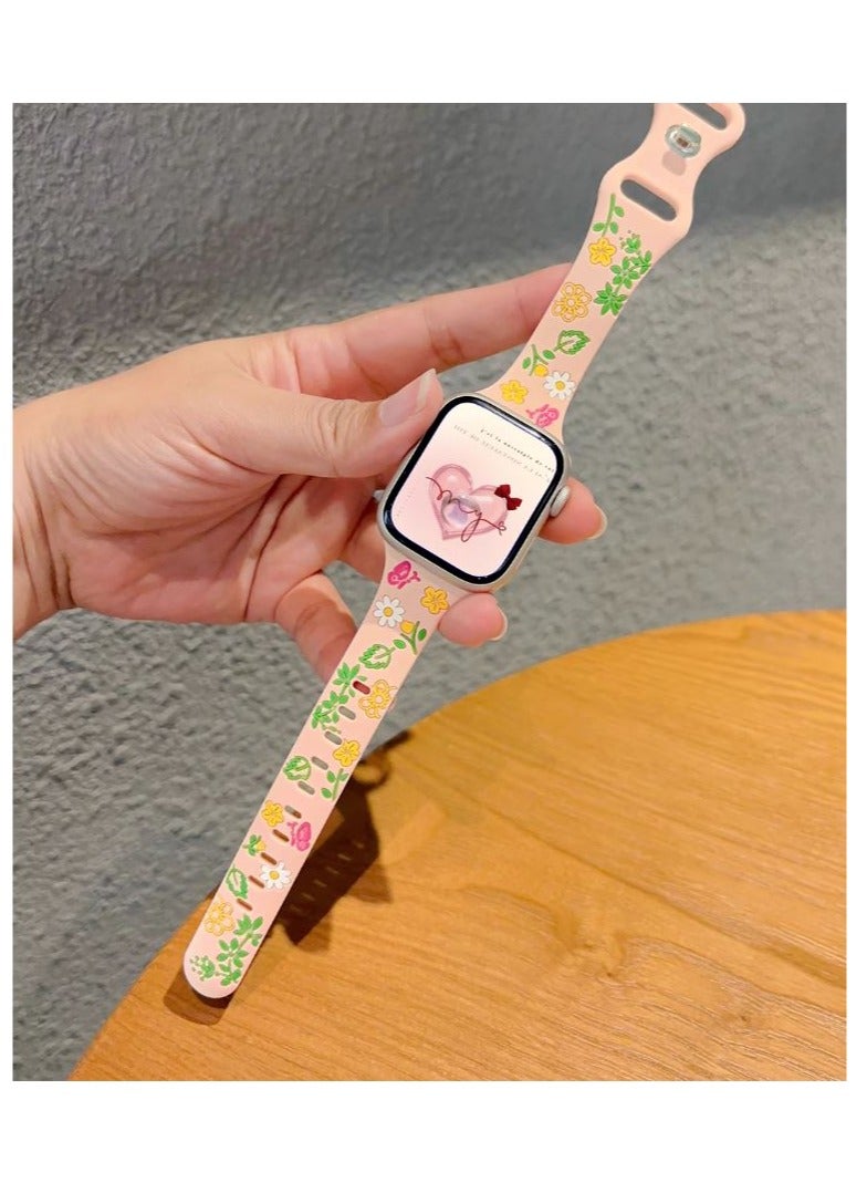 Engraved Floral silm Silicone Strap for Apple Watch Ultra Band 49mm 46mm 45mm 40mm 41mm Bracelet Fashion IWatch Series 10 9 8 7 - Pink - Image 1