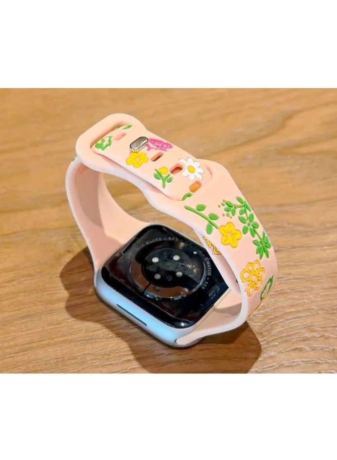 Engraved Floral silm Silicone Strap for Apple Watch Ultra Band 49mm 46mm 45mm 40mm 41mm Bracelet Fashion IWatch Series 10 9 8 7 - Pink - Image 2