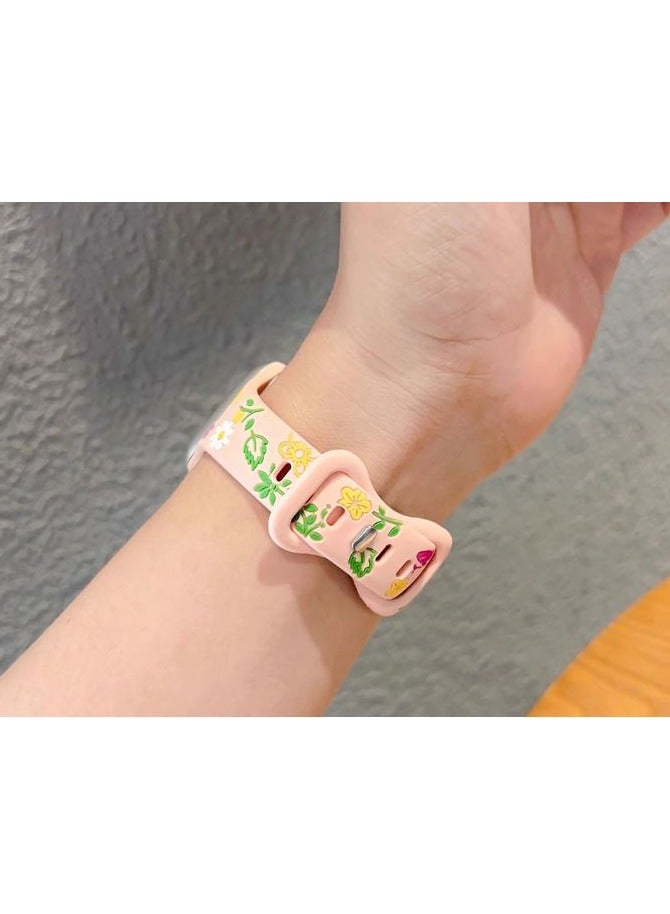 Engraved Floral silm Silicone Strap for Apple Watch Ultra Band 49mm 46mm 45mm 40mm 41mm Bracelet Fashion IWatch Series 10 9 8 7 - Pink - Image 3