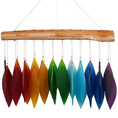 Gift Essentials Blue Handworks Rainbow Glass Chime, Sandblasted Glass and Found Wood Handcrafted Wind Chime - Image 1