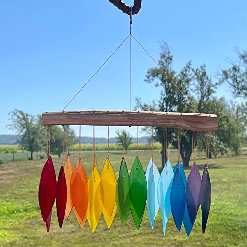 Gift Essentials Blue Handworks Rainbow Glass Chime, Sandblasted Glass and Found Wood Handcrafted Wind Chime - Image 5