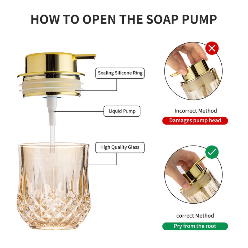 Enra Glass Soap Dispenser Set - 2 Pack Glod Bathroom Hand Liquid Soap Dispensers Refillable Modern Home Soap Dispenser For Bathroom Kitchen (Gold Liquid Type/2Pcak) - Image 3
