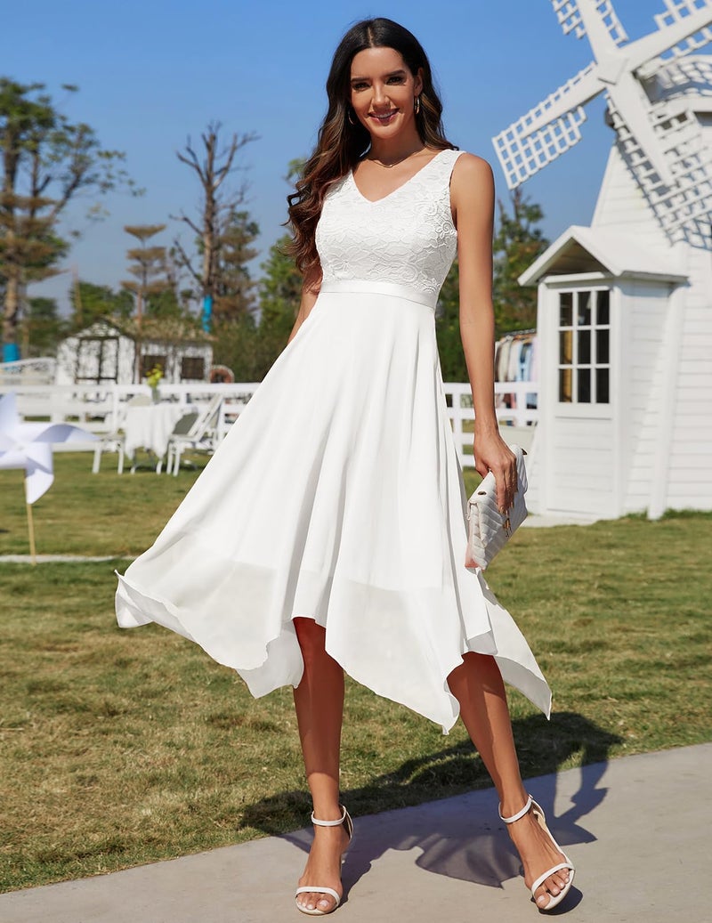 Meetjen Women A Line V Neck Lace Chiffon Dress Bridesmaid Cocktail Prom Dresses Vestidos De Mujer Elegantes White S - Image 3