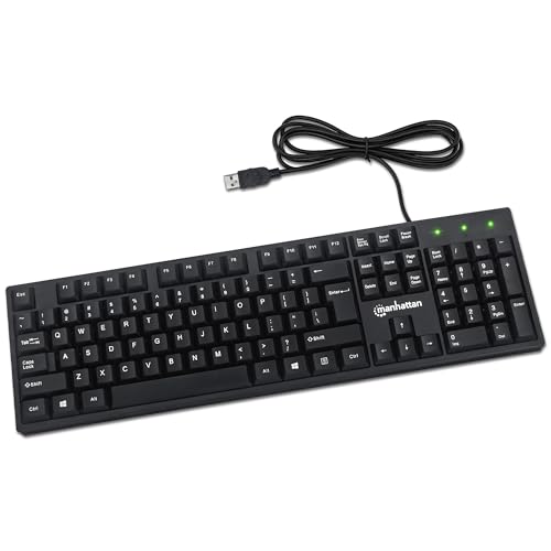 Manhattan Wired Computer Keyboard – Basic Black Keyboard - with 4.5ft USB-A Cable, 104-keys, Foldable Stands - Compatible for Windows, PC, Laptop - 3 Yr Mfg Warranty – 179324 - Image 1