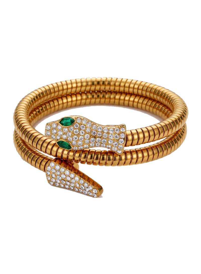 Julia Store 18K Gold Plated Stainless Steel Aesthetic Exquisite Luxury Elegant Dainty Cute Trendy High Quality Chunky Spiral Cubic Zirconia Green Eye Snake Bangle Bracelet Jewelry Gift For Women - Image 1